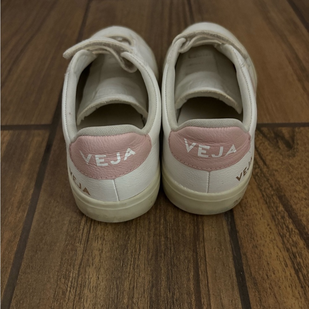 Veja White Sneakers with Pink Heel Accent — Kids Velcro Style - Picture 3 of 4